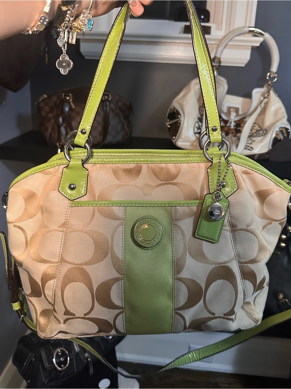 Vintage Coach Signature Stripe shoulder bag/tote with Lime Green Trim